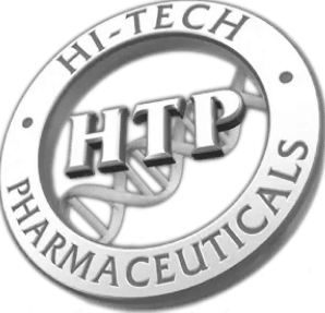 Alt text: Hi-Tech Pharmaceuticals logo in black and white featuring DNA helix and company name in a circular design.
