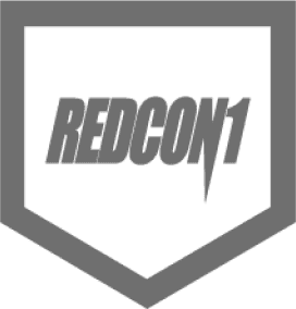 Alt text: Redcon1 logo in black text with a chevron below on a white background, supplements company icon